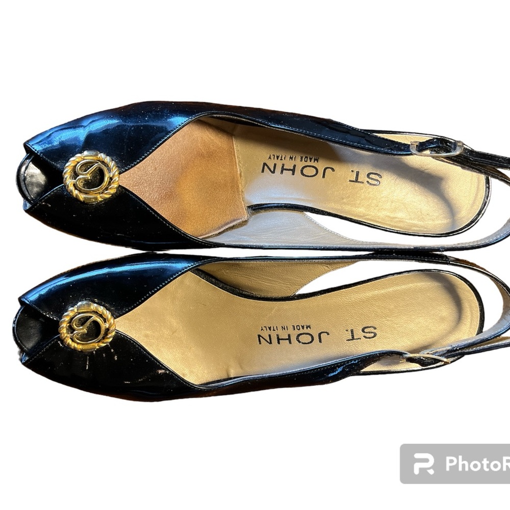 Vintage St John sling-back, open toed heels. Black patent leather.